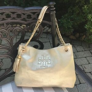 Tory Burch Thea Pebbled Tote Gold Leather Bag